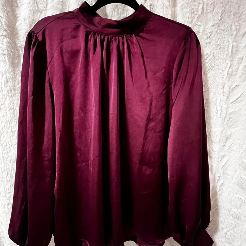 SHE+SKY Burgundy high neck blouse with long sleeves SIZE LARGE - Picture 1 of 8
